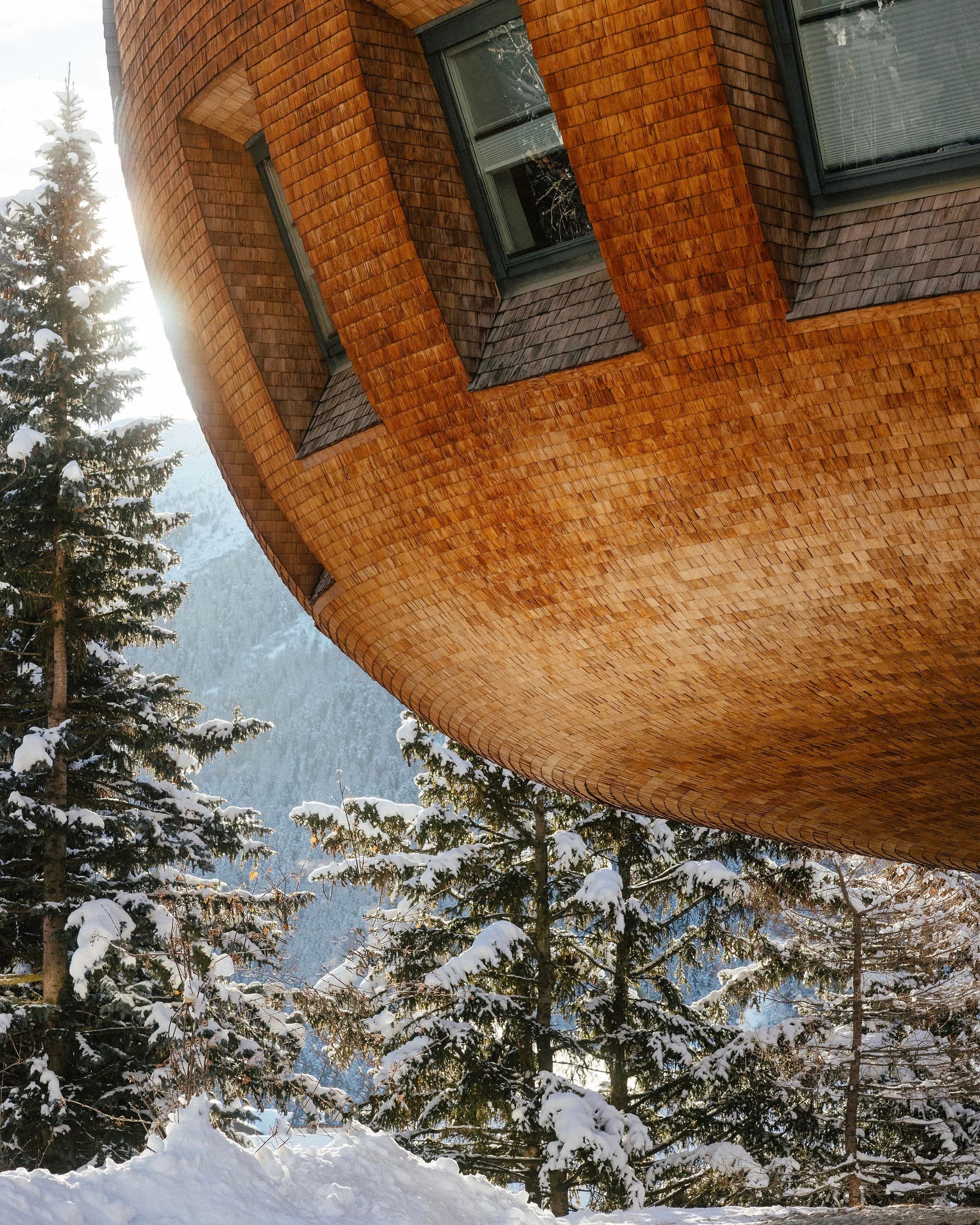Curved wooden building exterior with shingles, framed by snow-covered trees and a sunlit mountain in the background.
