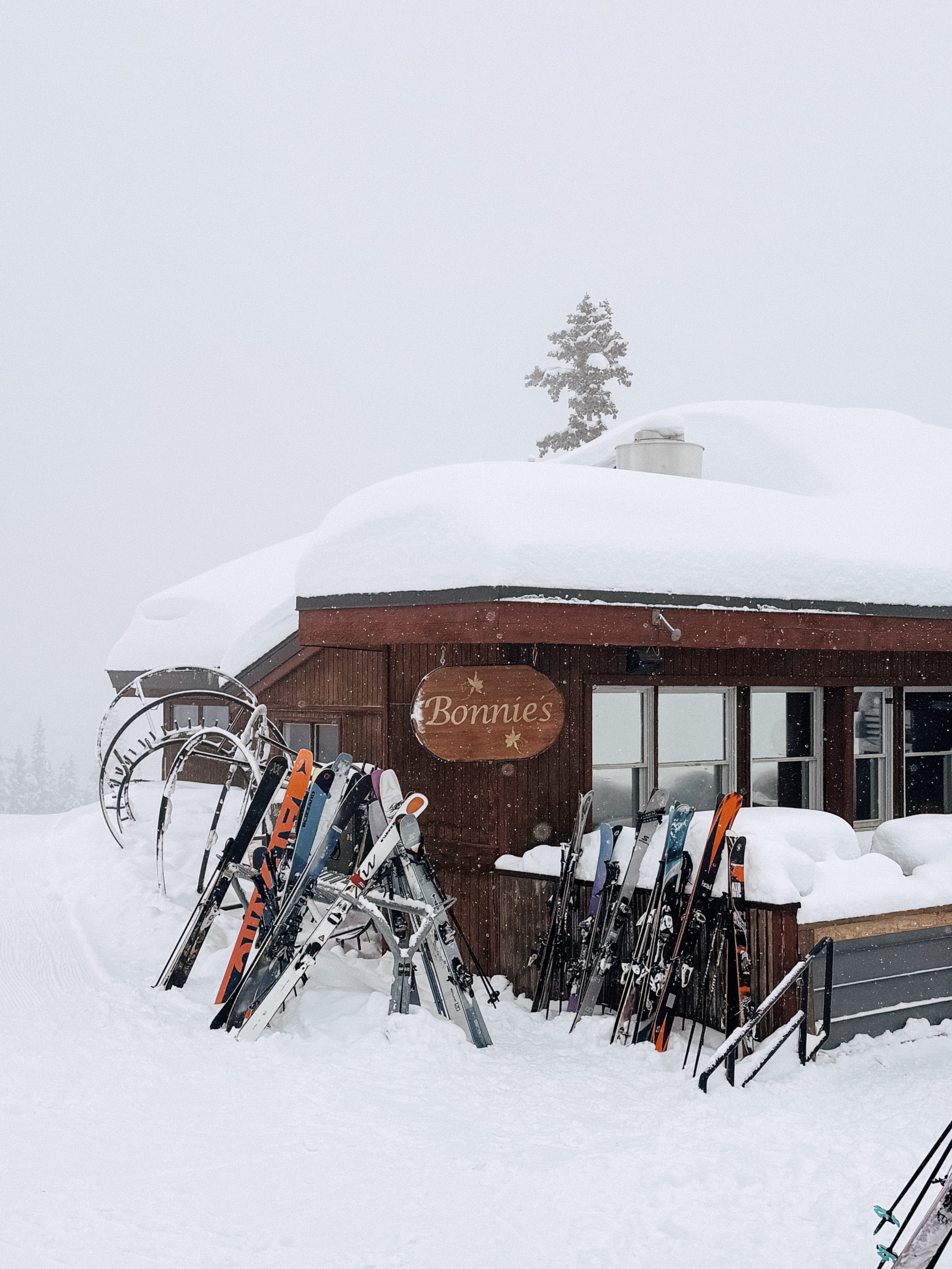 Front view of Bonnies resturant in Aspen covered in snow