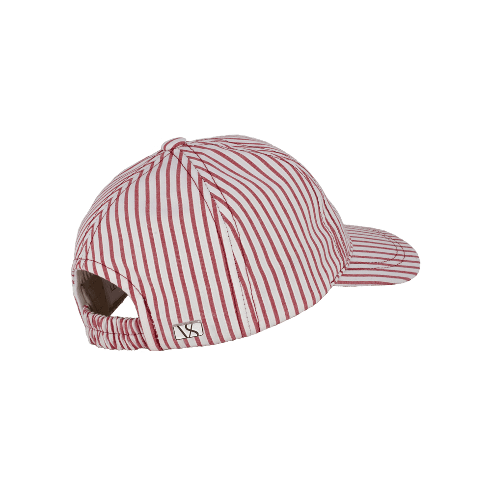 Back view of a Varsity Headwear cotton kids baseball cap, shown in color red striped
