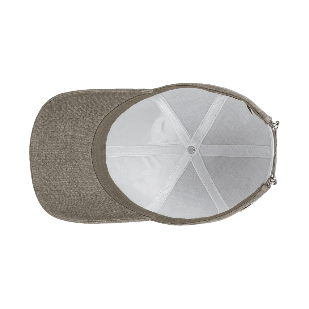 Inside view of a Varsity Headwear legacy structured argent khaki baseball cap in Italian Linen