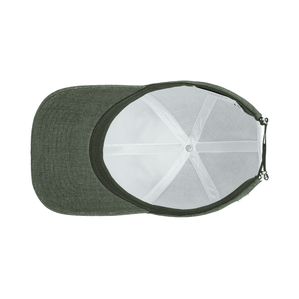 Inside view of a Varsity Headwear legacy structured french olive baseball cap in Italian Linen
