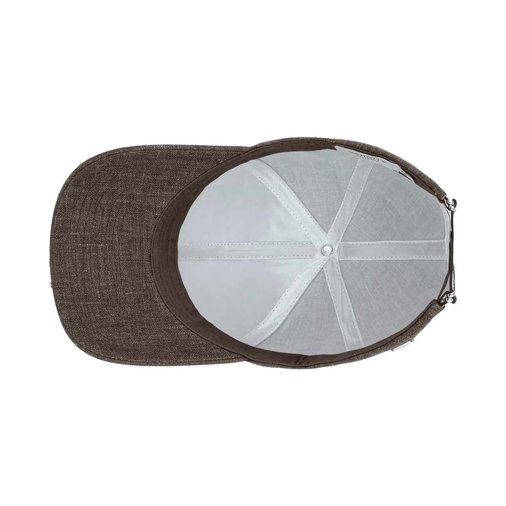 Inside view of a Varsity Headwear legacy structured cedar brown baseball cap in Italian Linen