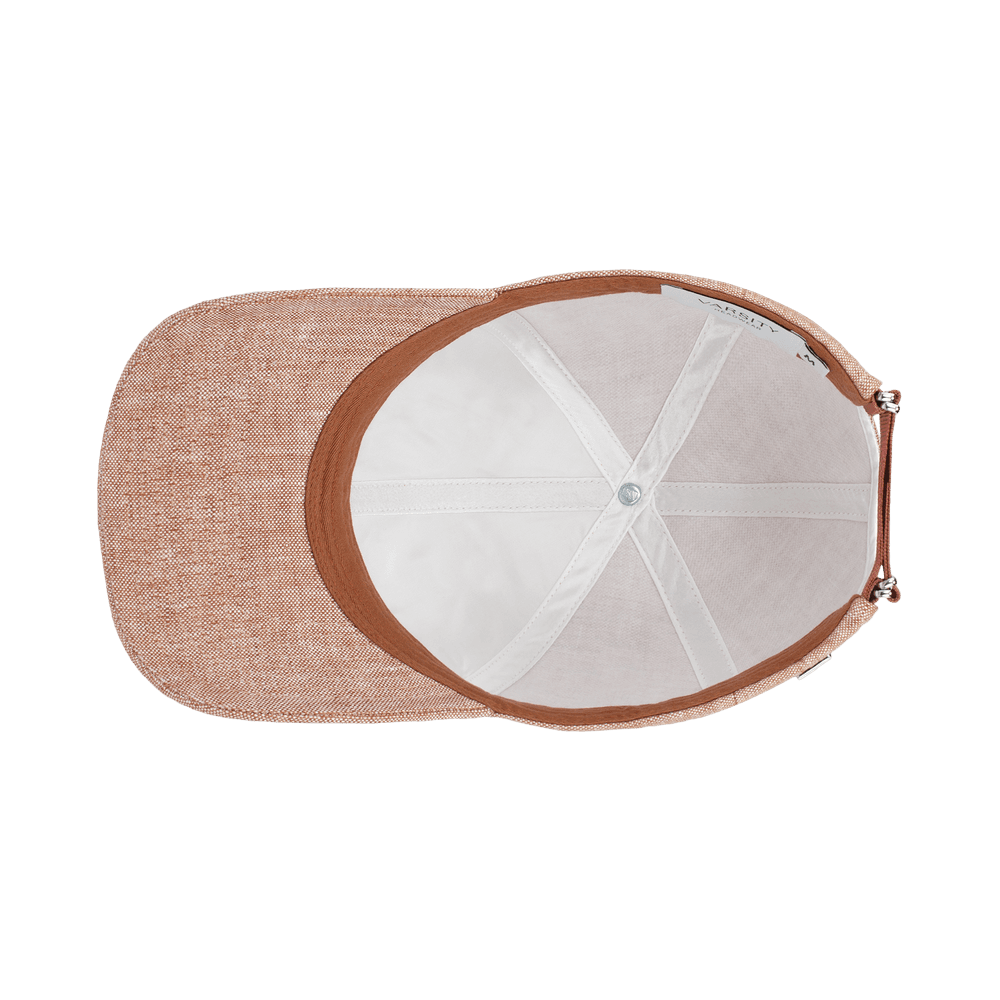 Inside view of a Varsity Headwear legacy structured pale rust baseball cap in Italian Linen