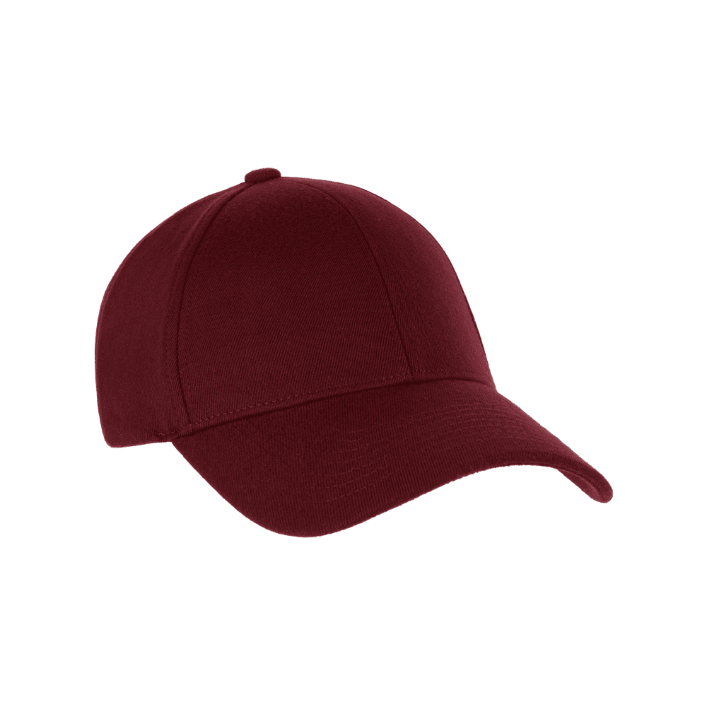 Front view of a burgundy legacy structured college baseball cap from Varsity Headwear