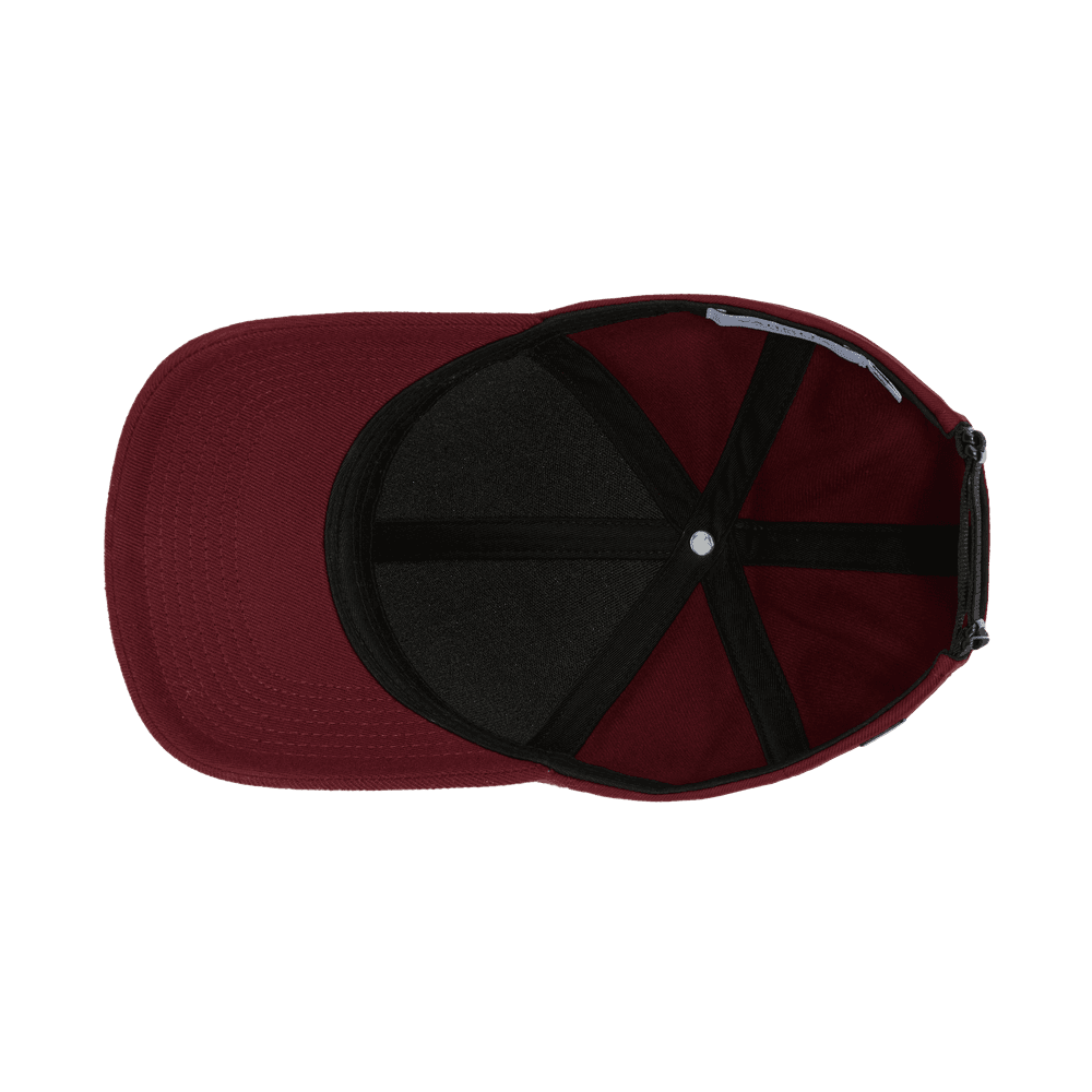 Inside view of a burgundy legacy structured college baseball cap from Varsity Headwear