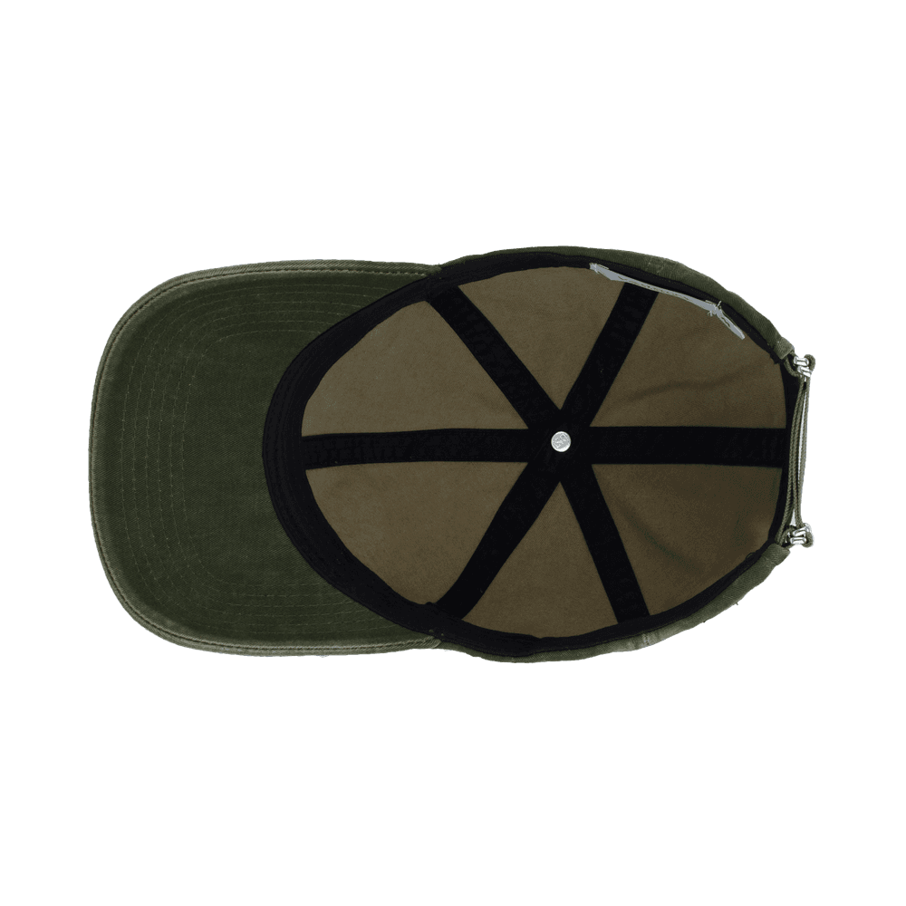 Inside view of a washed cotton Varsity Headwear legacy soft green baseball cap