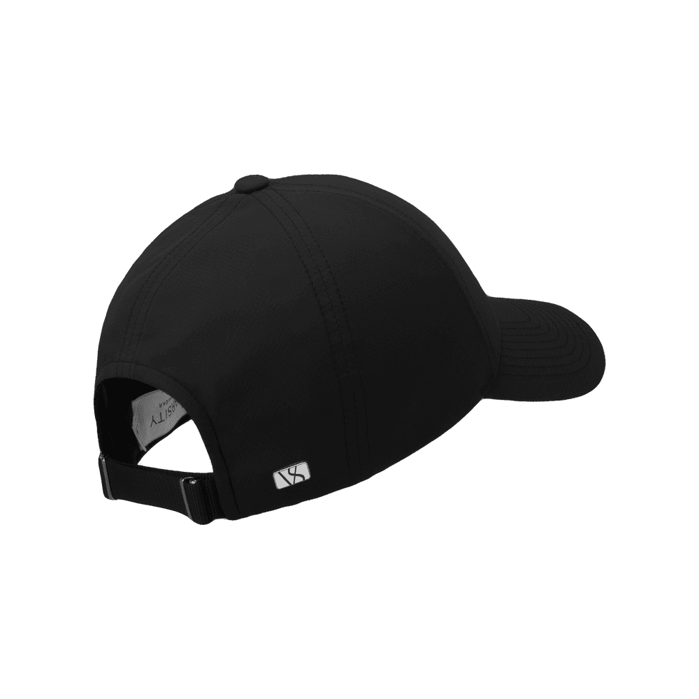 Back view of a Varsity Headwear legacy structured active tech black baseball cap