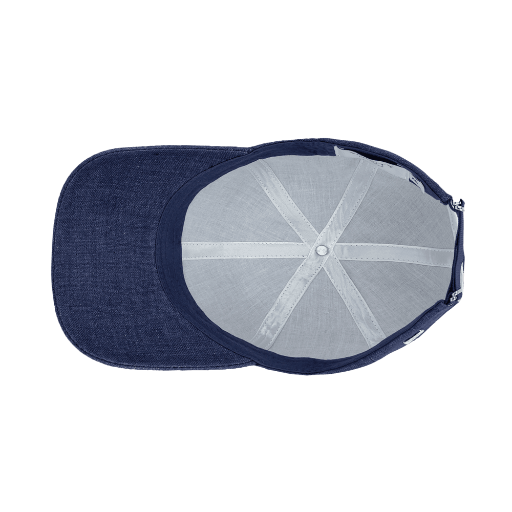 Inside view of a Varsity Headwear legacy soft oxford blue baseball cap in Italian Linen