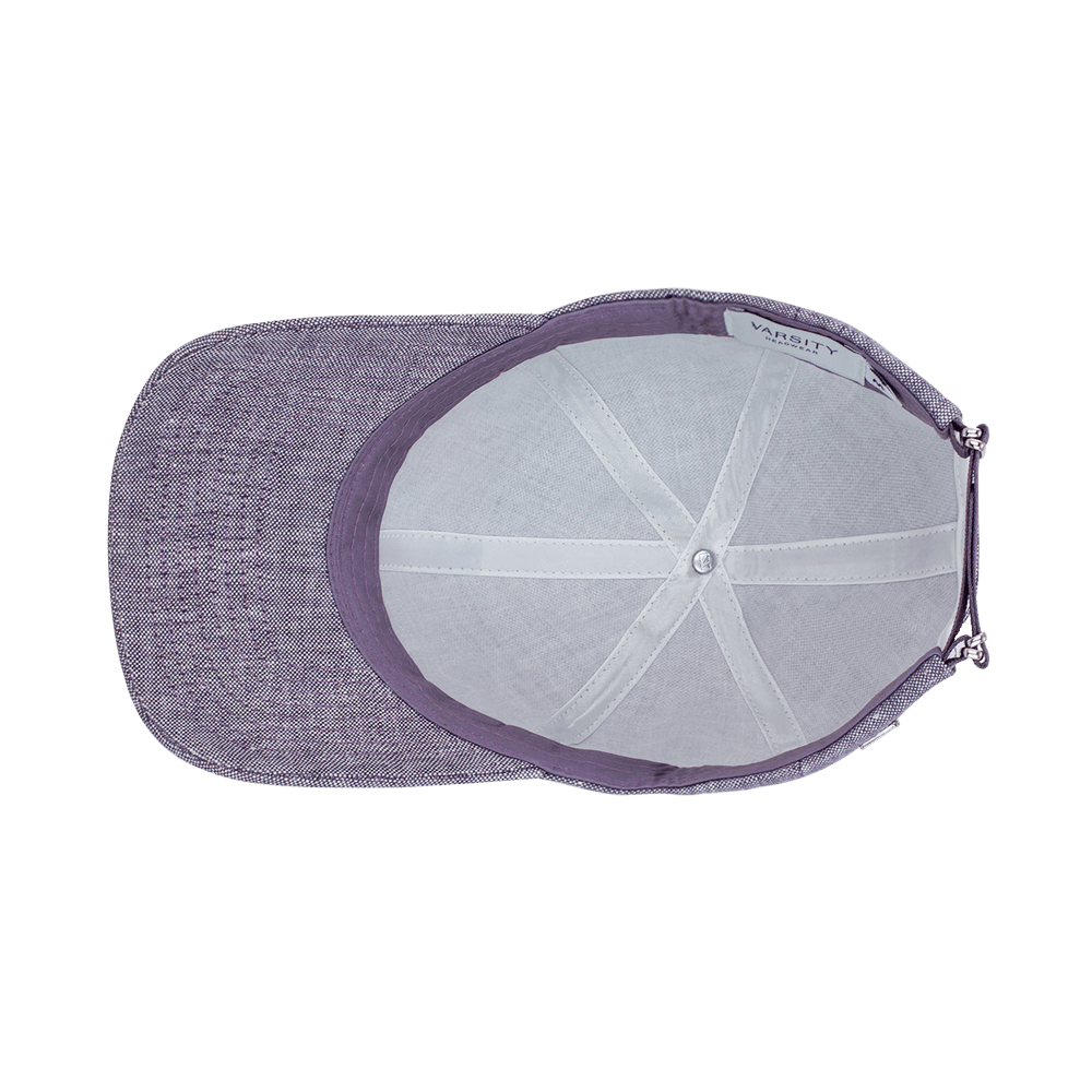 Inside view of a Varsity Headwear legacy soft provence lavender baseball cap in Italian Linen