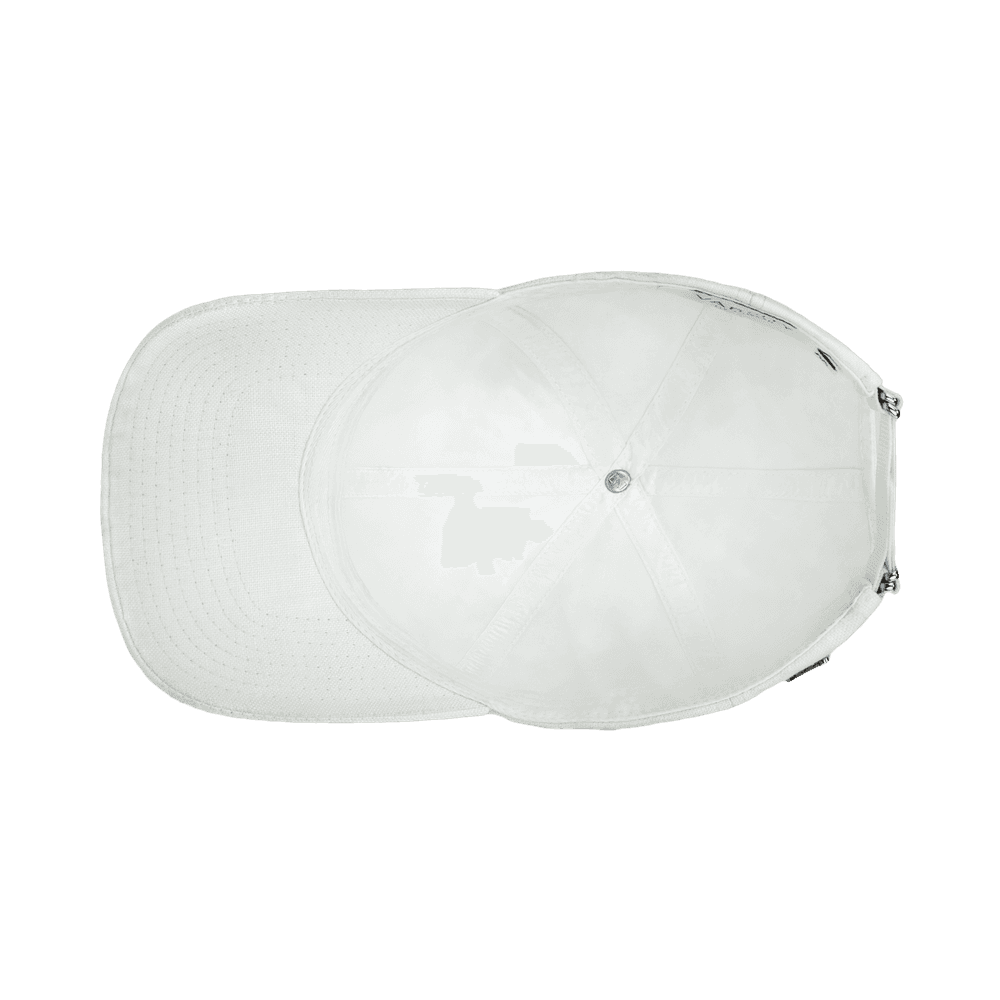 Inside view of a Varsity Headwear legacy soft shell white baseball cap in Italian Linen