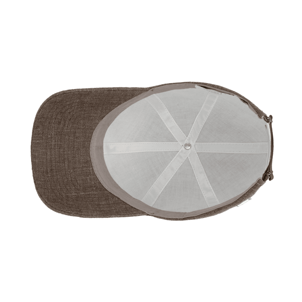 Inside view of a Varsity Headwear legacy soft cedar brown baseball cap in Italian Linen