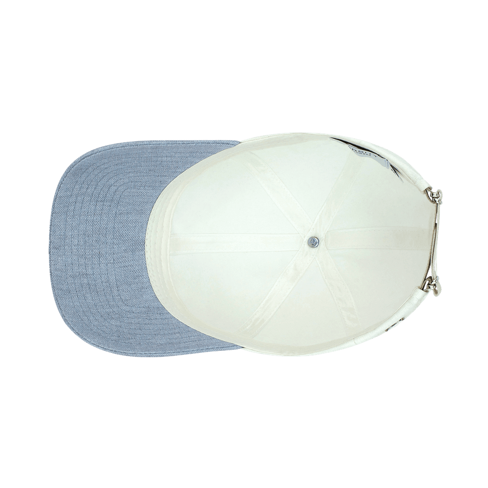 Inside view of a Varsity Headwear legacy soft cassis blue baseball cap in Italian Linen