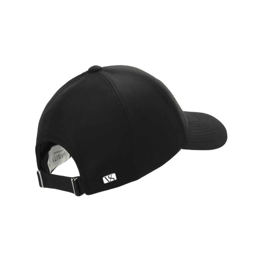 Back view of a Varsity Headwear legacy structured wool tech black baseball cap