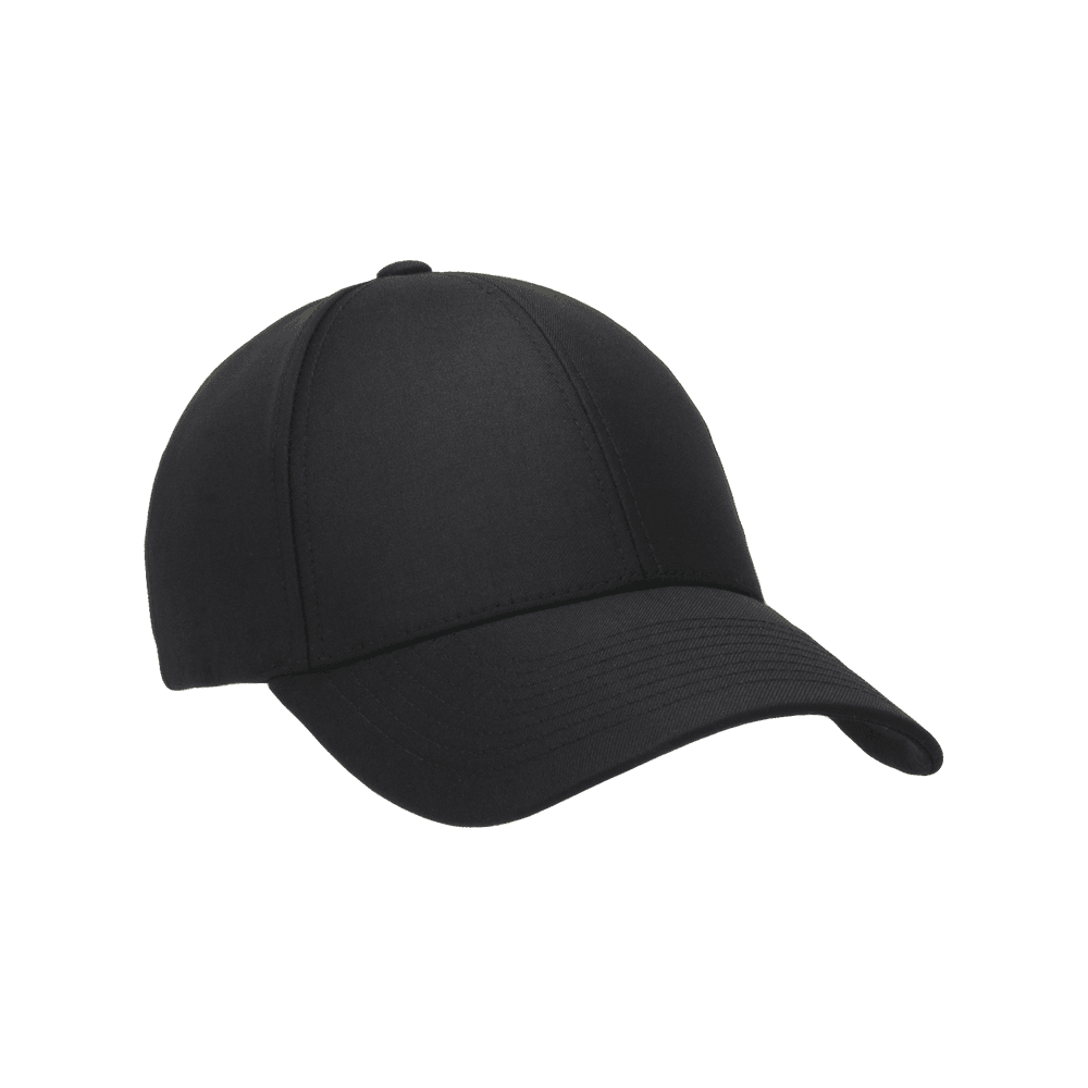 Front view of a Varsity Headwear legacy structured wool tech black baseball cap