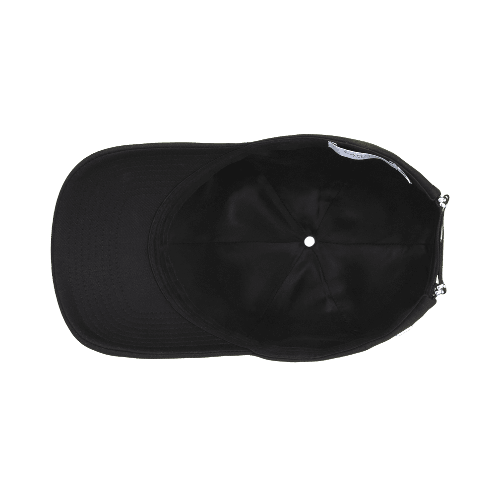 Inside view of a Varsity Headwear legacy structured wool tech black baseball cap