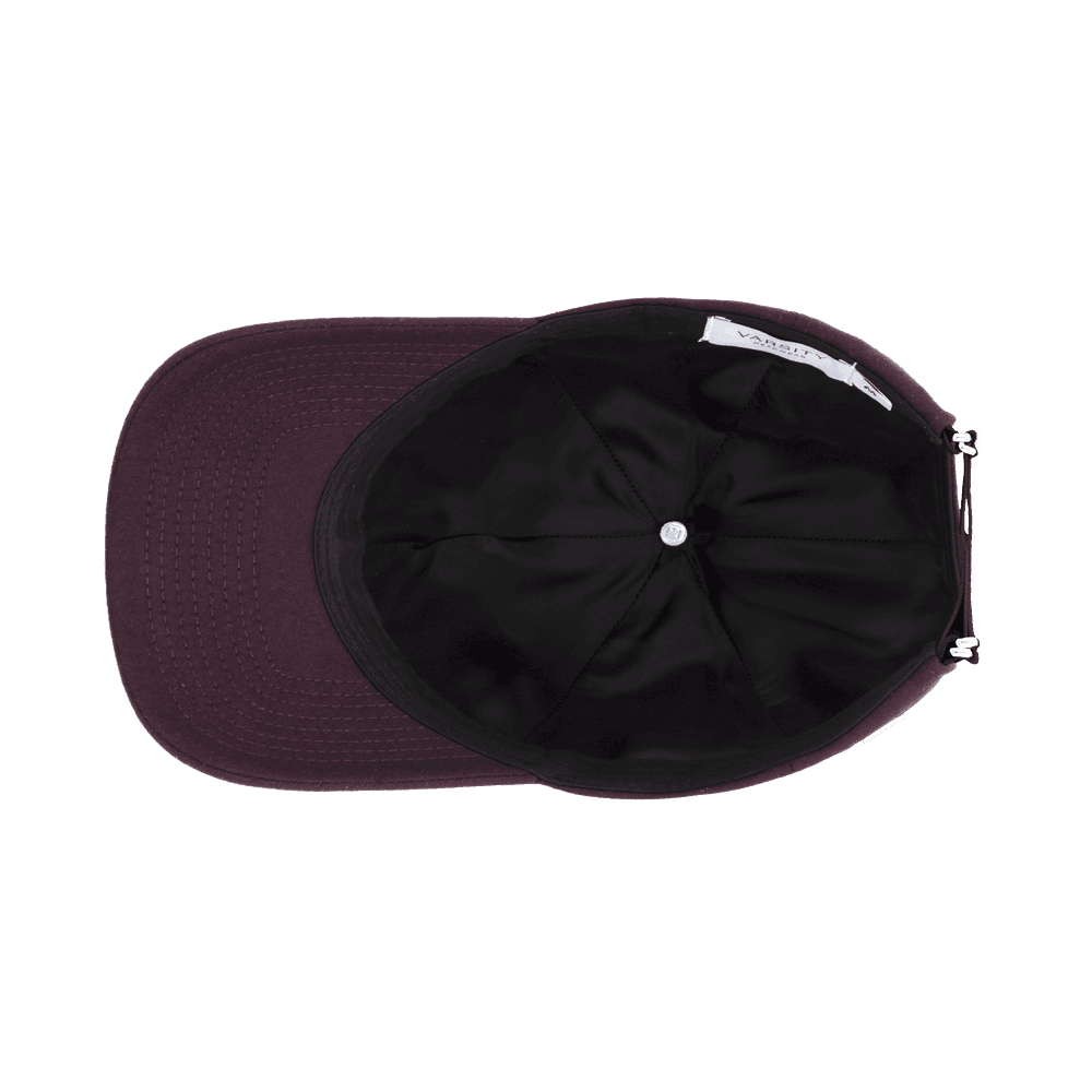 Inside view of a Varsity Headwear legacy structured wool tech burgundy baseball cap