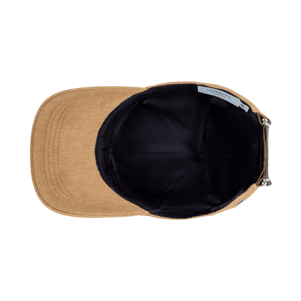 Inside view of a legacy soft brown camel hair cap from varsity headwear