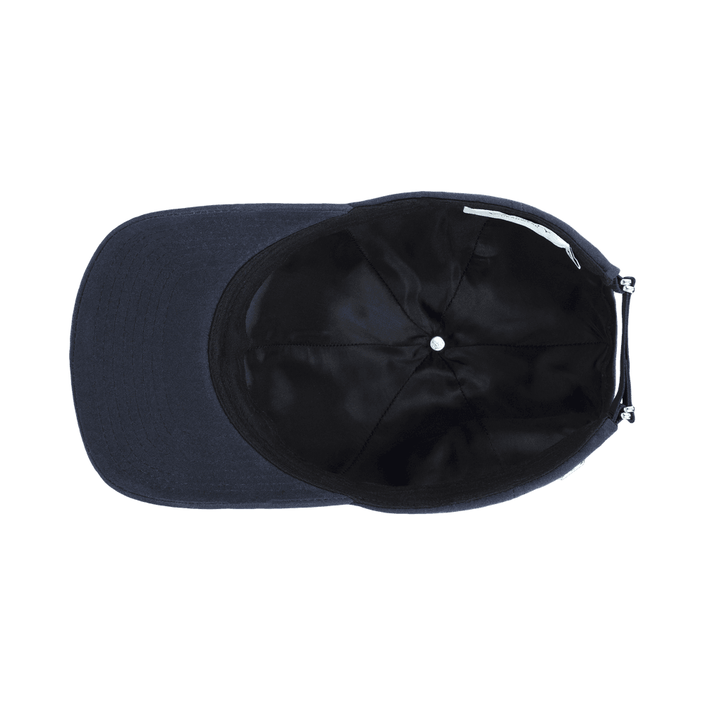 Inside view of a Varsity Headwear legacy structured oilskin navy baseball cap