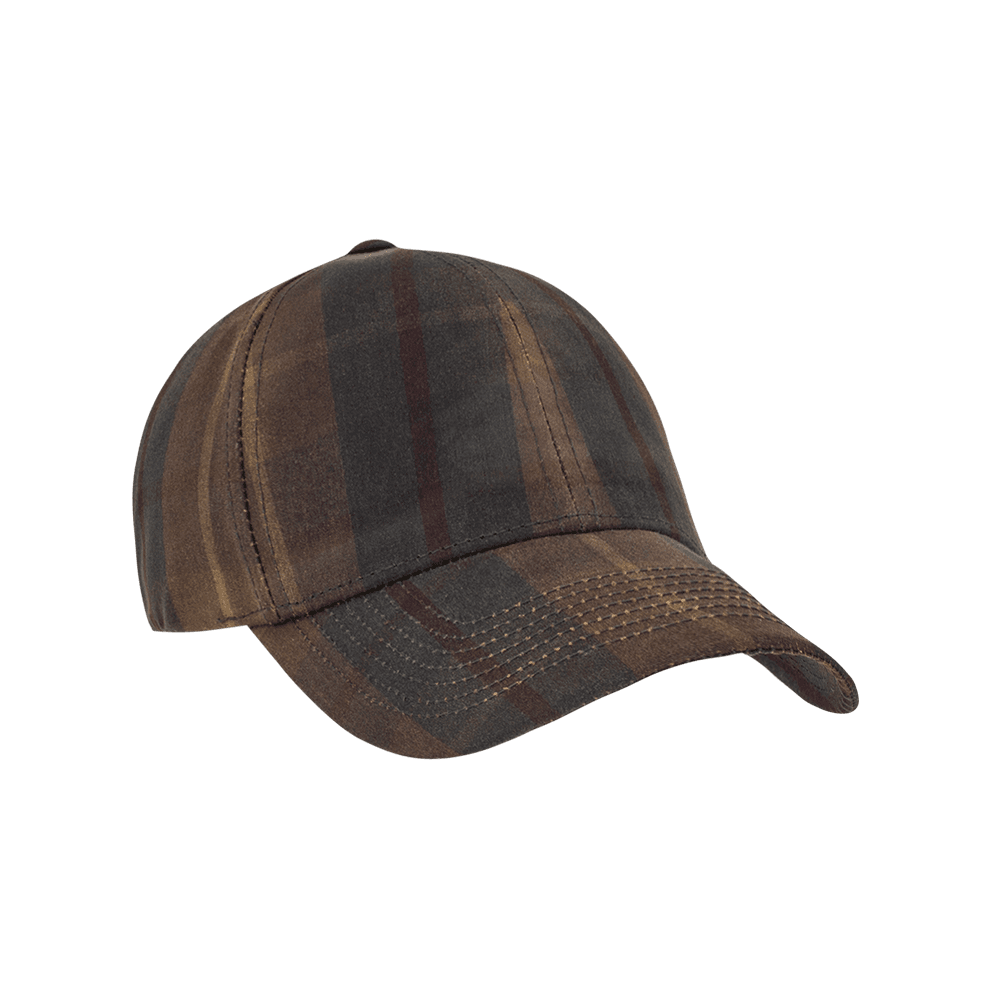 Front view of a Varsity Headwear legacy structured oilskin hunter brown tartan baseball cap