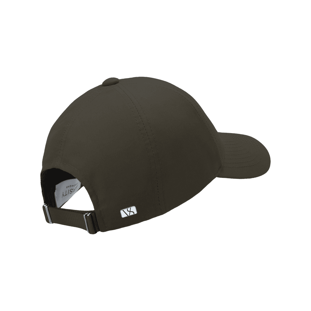 Back view of a Varsity Headwear legacy structured ventile cotton leather brown baseball cap