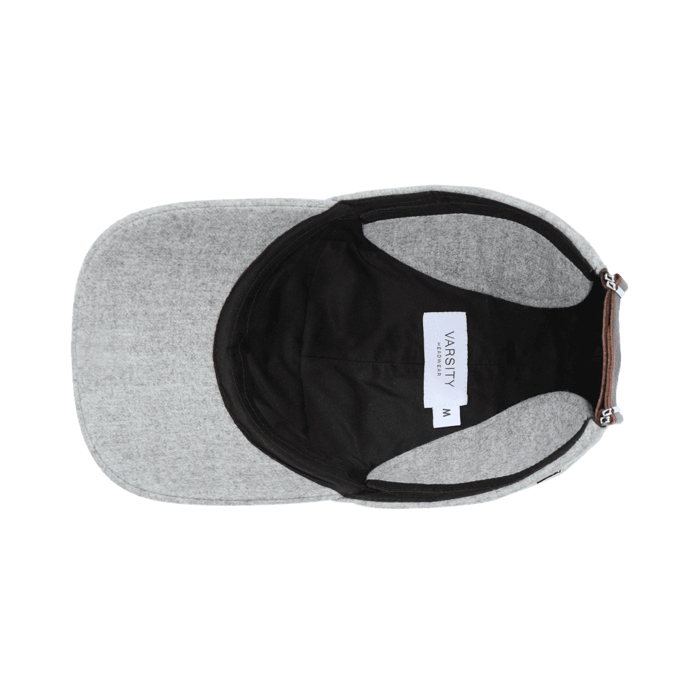 Inside view of a Varsity Headwear stride wool grey baseball cap with earflaps