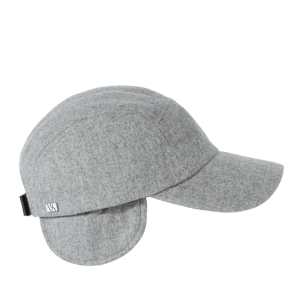 Side view of a Varsity Headwear stride wool grey baseball cap with earflaps